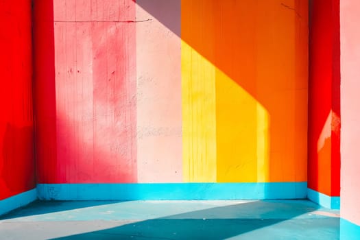 Brightly colored wall with blue floor. Generative AI.