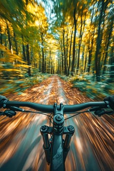 Blurry image of bike riding through the woods. Generative AI.