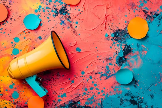Yellow megaphone on colorful background. Generative AI.