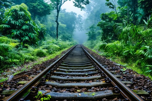 Train track in the jungle with lush green vegetation. Generative AI.