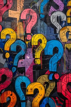 A colorful wall of questions painted on it. The wall is full of different colored questions, some of which are in the middle of the wall and others are scattered around. The wall is a unique. Generative AI