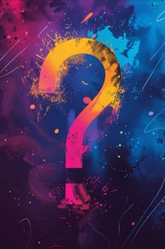 A colorful, abstract painting of a question mark with a blue background. The painting is full of splatters and he is a work of abstract art. Generative AI