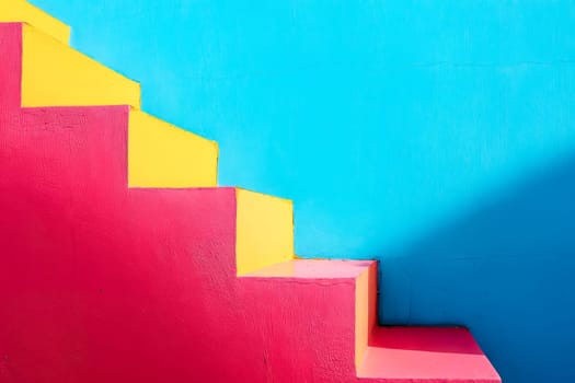 Brightly colored staircase with blue sky. Generative AI.