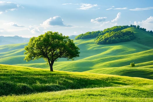 Tree in the middle of green field. Generative AI.