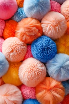 Pile of colorful pom poms. Generative AI.