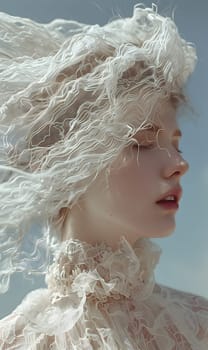 A closeup shot capturing a womans face with white hair blowing in the wind, showcasing a beautiful fur hat as a fashion accessory