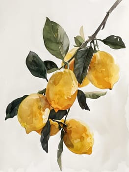 A beautiful watercolor painting capturing lemons hanging from a tree branch, showcasing the vibrant colors of the fruit and the delicate petals of the flowers