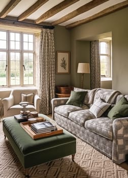 Country cottage lounge decor, sitting room and Cotswolds style interior design, living room furniture, sofa and home decor in elegant English country house style, post-processed, generative ai