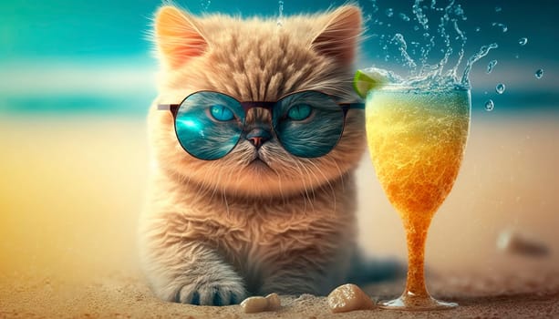 Cat on the beach with a cocktail. Generative AI,