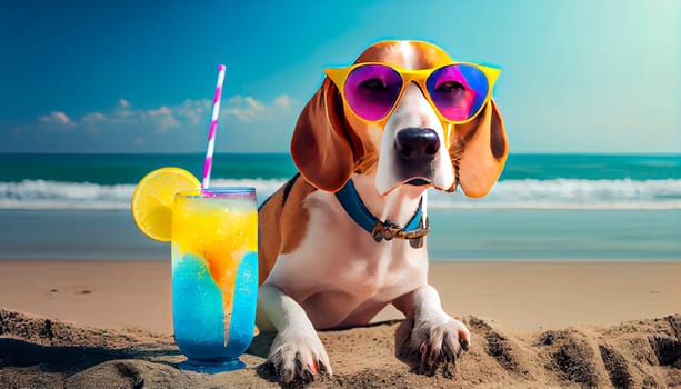 Dog on the beach with a cocktail. Generative AI,