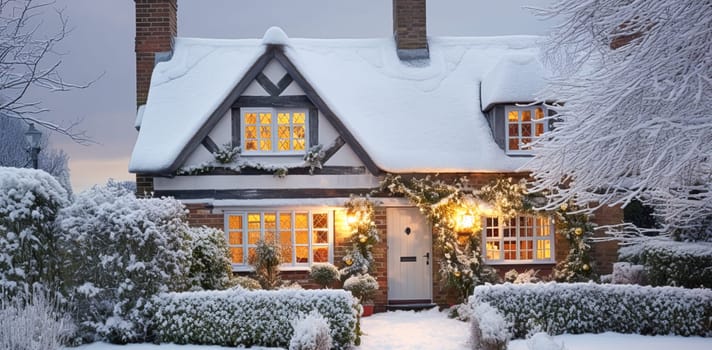 Beautiful country cottage decorated for Christmas on a snowy winter day, holiday and celebration, post-processed, generative ai