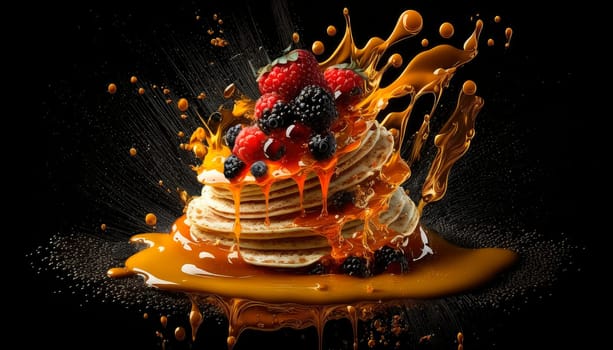 pile of pancakes with honey and berries on a black background. Generative AI,