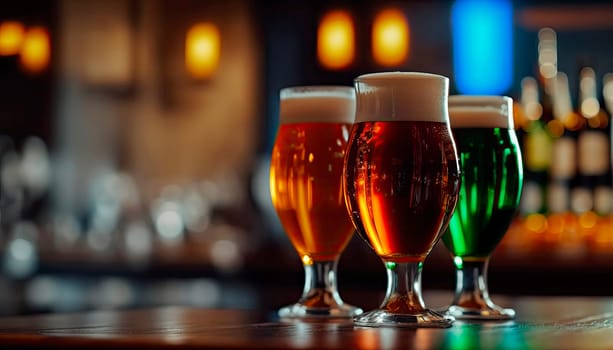 Draft beer in glasses on the bar in a row, the background of the bar is blurred. Generative AI,