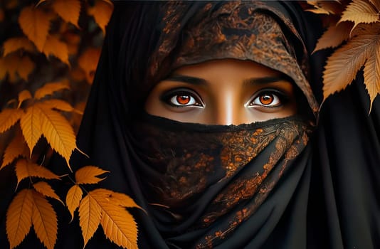 Eyes of Muslim beautiful oriental woman with autumn leaves. Generative AI,