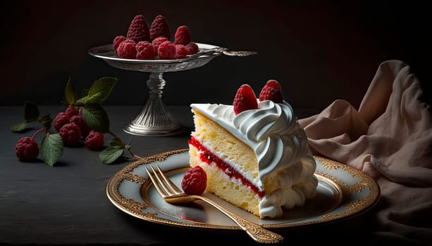 a piece of cake with whipped cream and raspberries on a plate on a dark background. Generative AI.