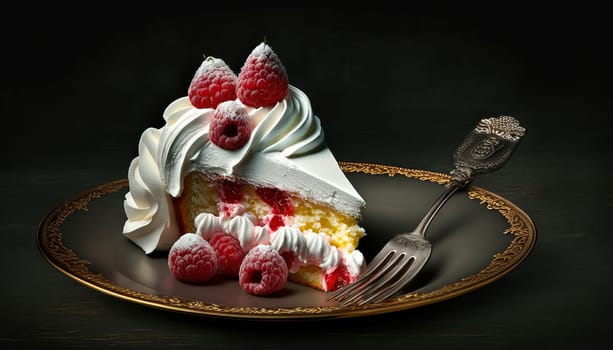 a piece of cake with whipped cream and raspberries on a plate on a dark background. Generative AI.