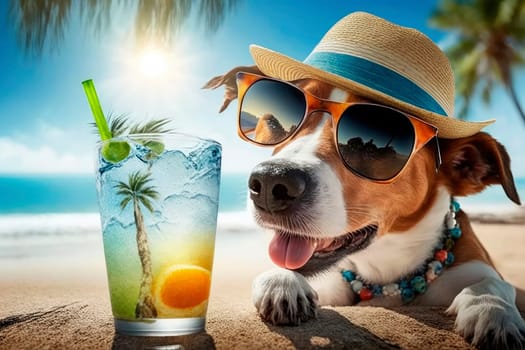 Dog on the beach with a cocktail. Generative AI,