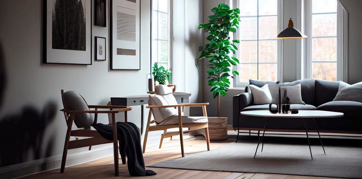 Living room in Scandinavian style. Generative AI,