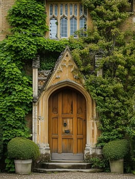 Entrance to a historic manor, framed by antique architectural elements and flanked by potted topiaries, features an aged door, the surrounding ivy and stonework add to the timeless elegance of the property