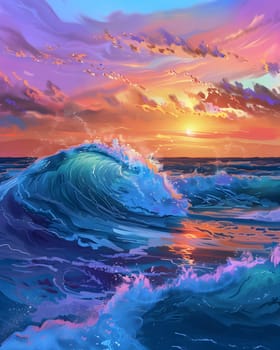 A natural landscape painting capturing the beauty of a sunset over the ocean with waves crashing on the shore, showcasing the fluidity of water and the colorful sky