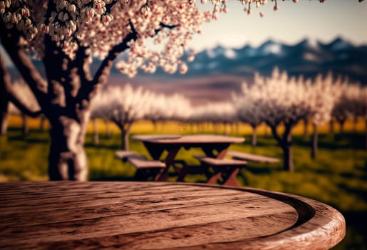 Wooden garden table with trees and flowers and blurred background. Generative AI,