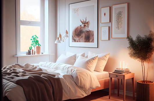 Bedroom in Scandinavian style. Generative AI,