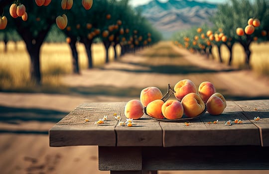 peaches on the table in the garden. Generative AI,