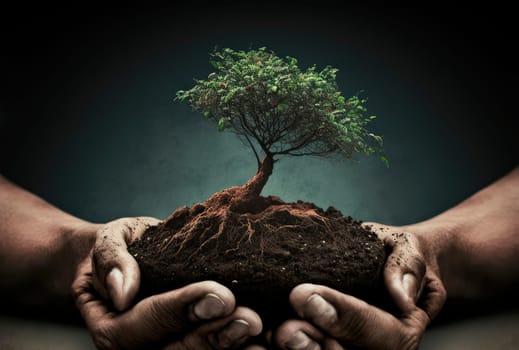 Tree in the hands of a man with earth. Generative AI,