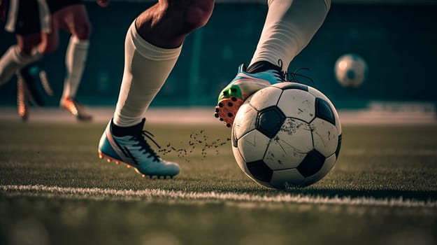 feet of a soccer player with a soccer ball. Generative AI,