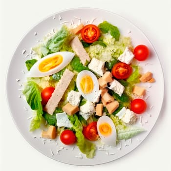 Caesar salad with shrimp on a plate isolate on a white background. Generative AI,