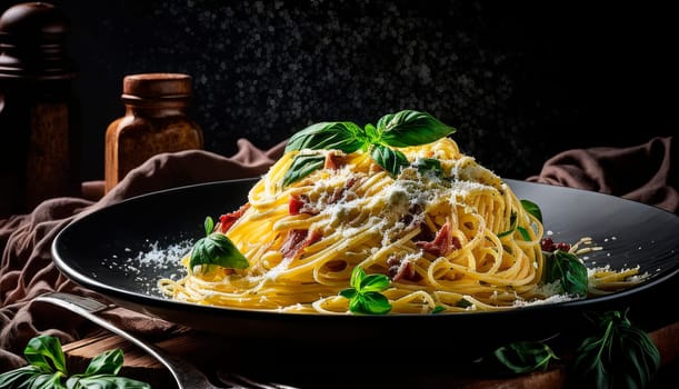 Pasta spaghetti carbonara on a plate on a black background. Generative AI,