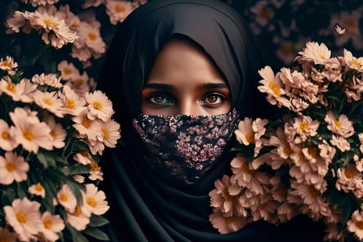 Eyes of Muslim beautiful oriental woman with flowers. Generative AI,