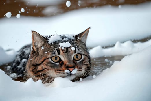The cat swims in the lake in winter. Generative AI,