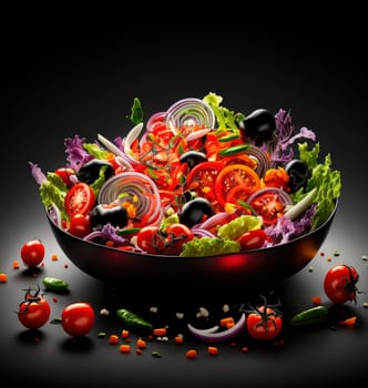 salad vegetable studio photo of products, dark black background. Generative AI,