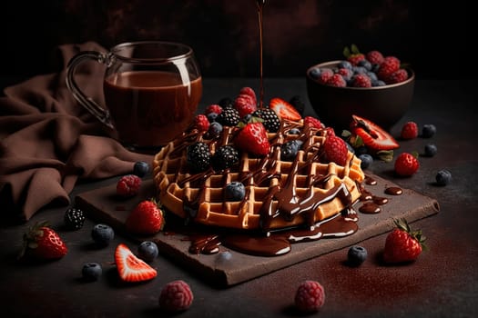 belgian waffles and coffee delicious breakfast, products studio photo, dark black background. Generative AI,