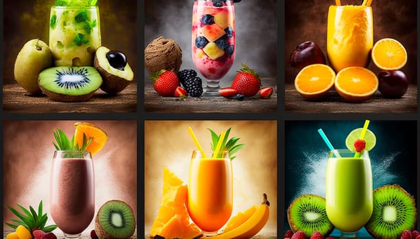 many different smoothies with berries and fruits. Generative AI,
