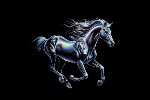 holographic image of a galloping horse on a black background. The horse is captured in mid-gallop, its mane and tail flowing dynamically