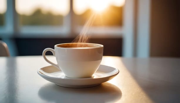 Morning Coffee: A white cup filled with steaming coffee rests on a clean white table, casting a subtle shadow. creating a serene morning scene