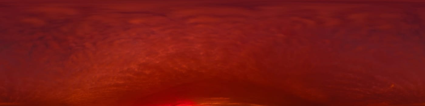 Dramatic Sunset sky 360 panorama. Vibrant sky with bright glowing red pink Cumulus clouds. HDR 360 seamless spherical panorama. Sky dome for aerial drone panoramas. Climate and weather change