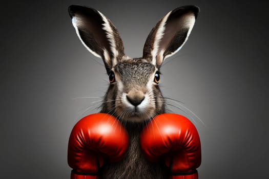 portrait of a hare in boxing gloves on a gray background close-up