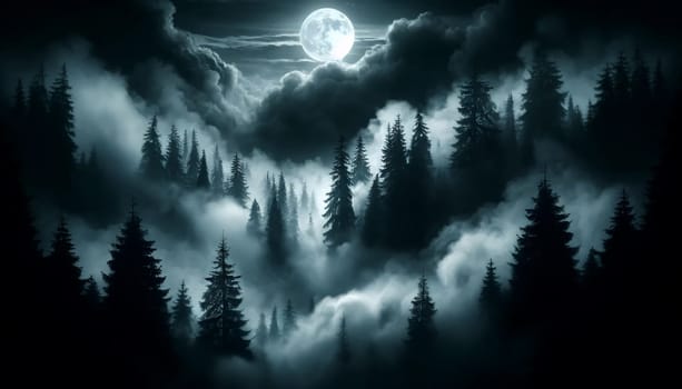 eerie gloomy pine forest shrouded in thick night fog, full moon visible through a gap in heavy clouds.