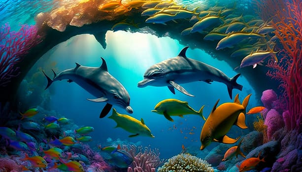 dolphins swim in the sea. Generative AI,