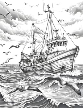 A detailed black and white drawing of a boat sailing in the ocean with seagulls flying around, showcasing naval architecture and skilled artistry