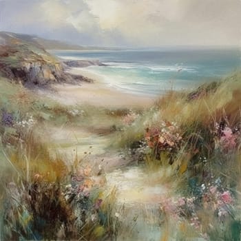 Oil style fine art coastal painting of the English coast, romantic seaside and floral meadow in soft pastel colours, evoking a sense of tranquility and natural beauty, printable art design