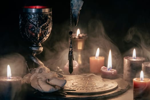 A mysterious and atmospheric occult setting featuring a pendulum swinging over a mystic symbol, surrounded by candlelight and fog