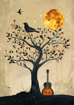 A guitar rests peacefully under a towering tree, silhouetted against the backdrop of a full moon. The scene is reminiscent of a beautiful painting in natures art gallery