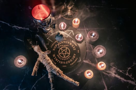 A chilling scene of an occult ritual featuring a voodoo doll pinned with needles, surrounded by candles, a pentagram, and eerie smoke