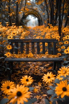 A wooden bench sits amidst a sea of yellow flowers in a sunlit forest, creating a serene natural environment filled with plant life and vibrant petals