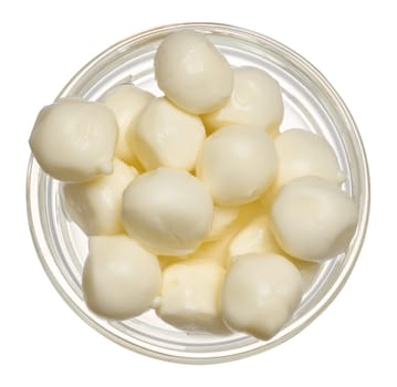 Mozzarella balls in glass bowl on isolated background, top view