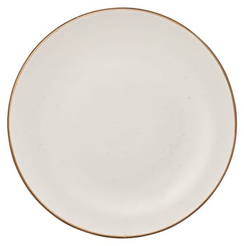 Empty white ceramic plate with brown edge on isolated background, top view